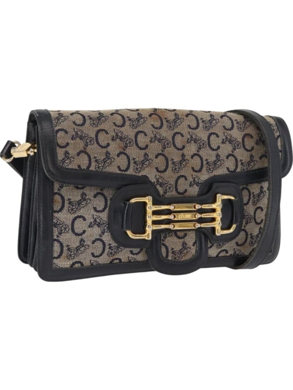 CELINE C Sulky Shoulder Bag Canvas Navy Gold